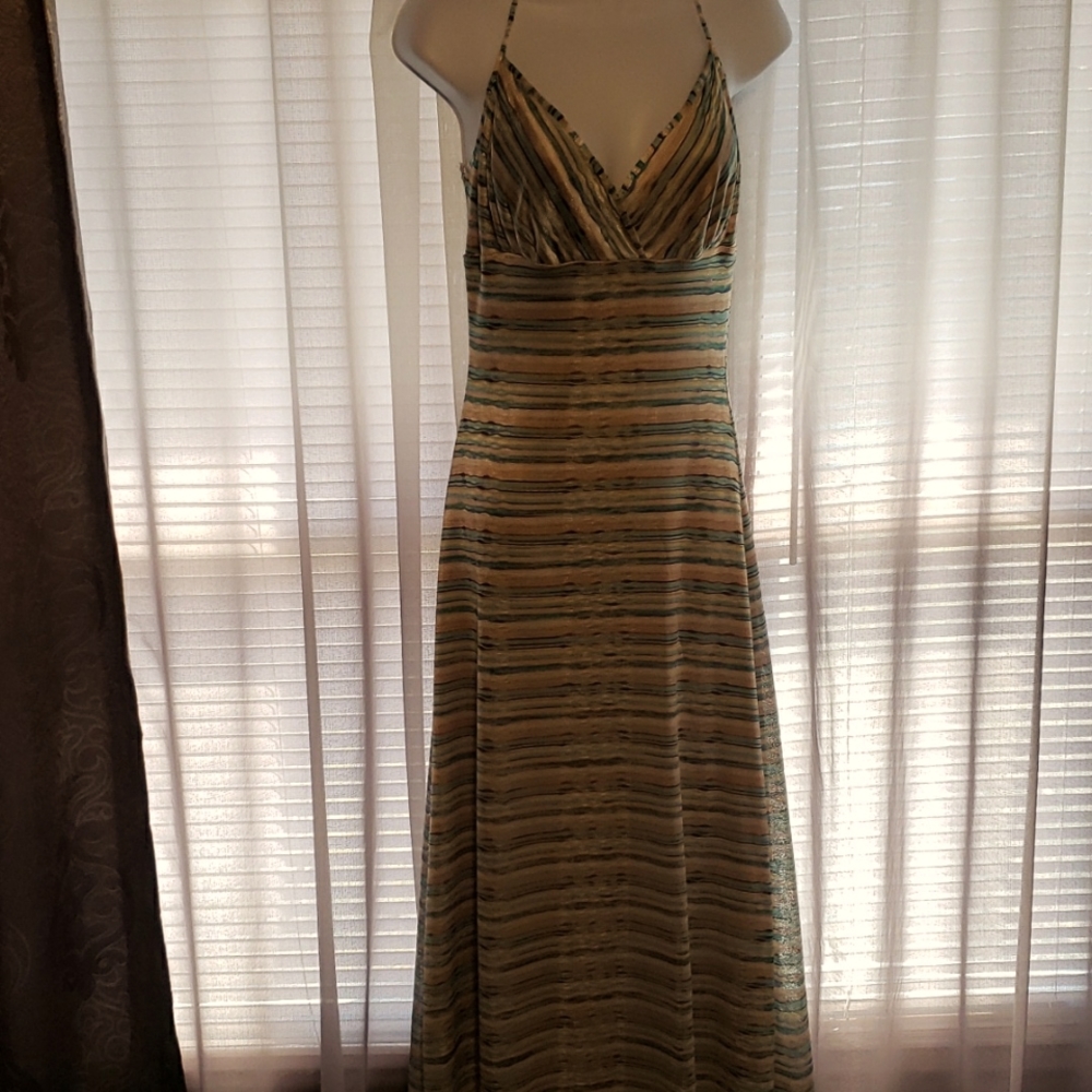Aqua/sand/brown spaghetti-strap dress w beautiful woven design & scarf or belt